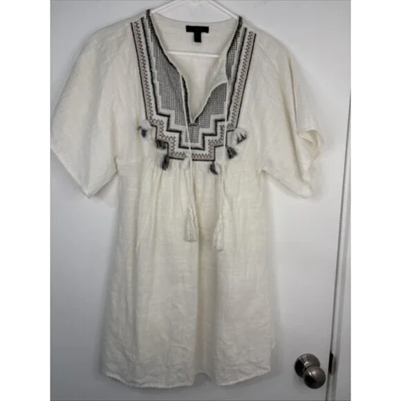 J Crew Tunic XXS Embroidered Top Beach Cover Up With Tassels Beaded - Picture 1 of 9